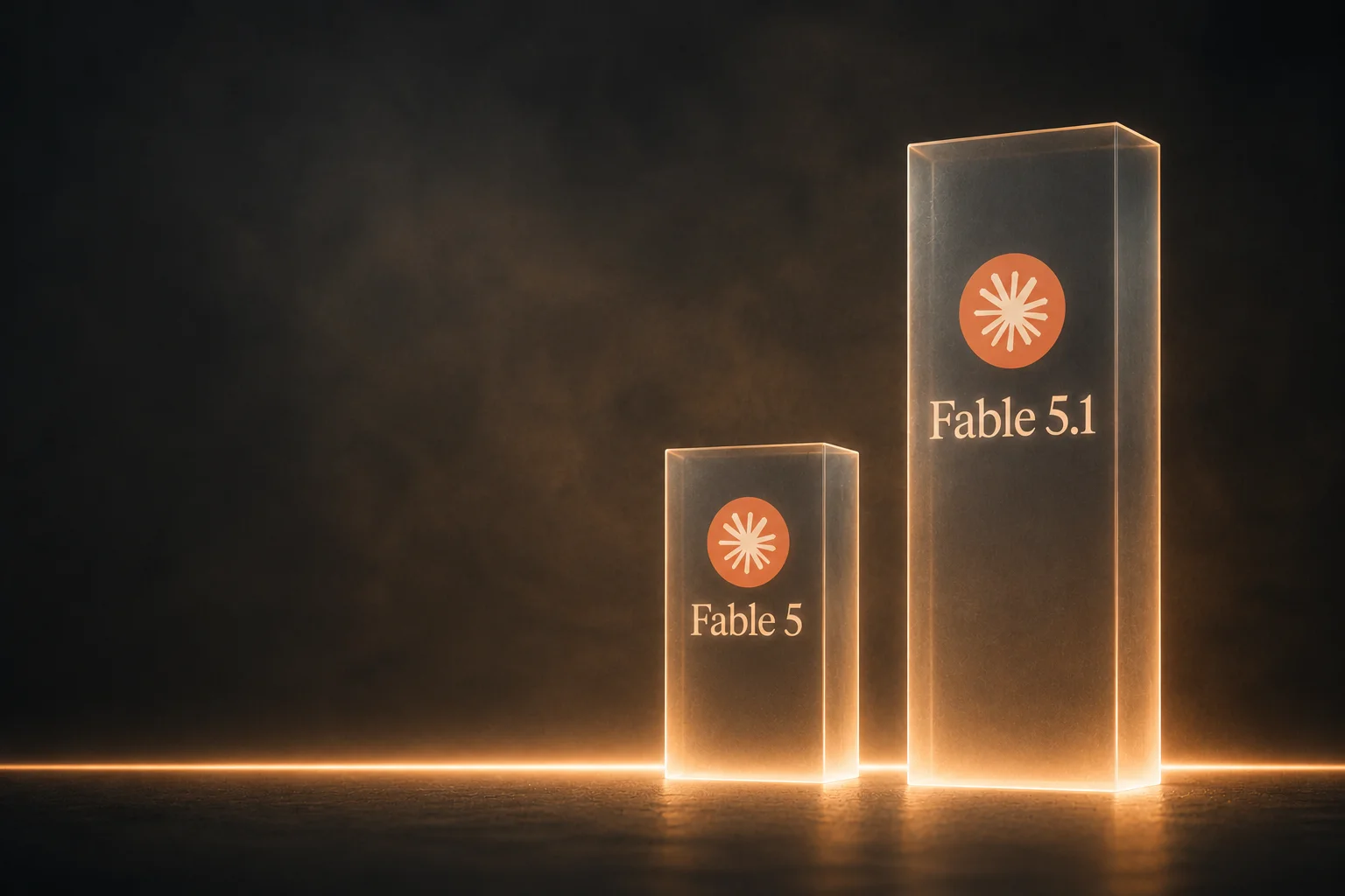 Two glass monoliths of unequal height representing Claude Fable 5.1 and Claude Opus 5 pricing