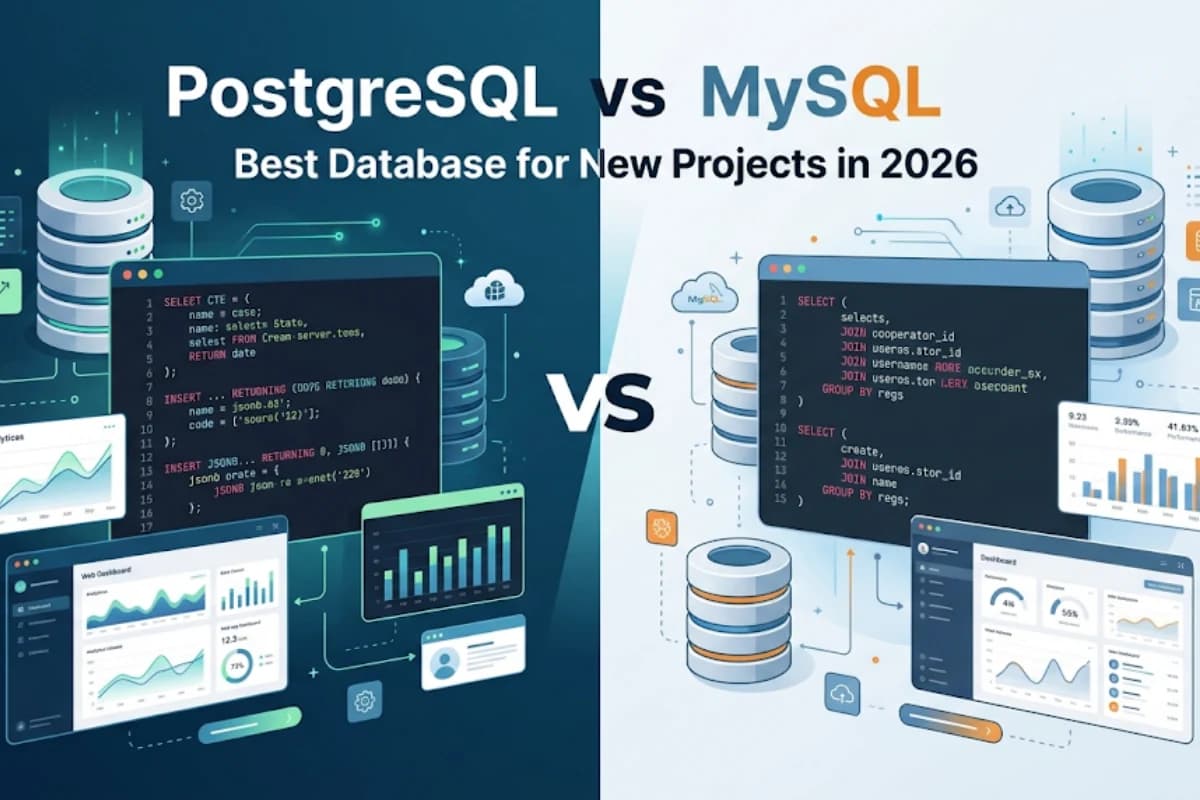 PostgreSQL vs MySQL comparison image for new projects in 2026