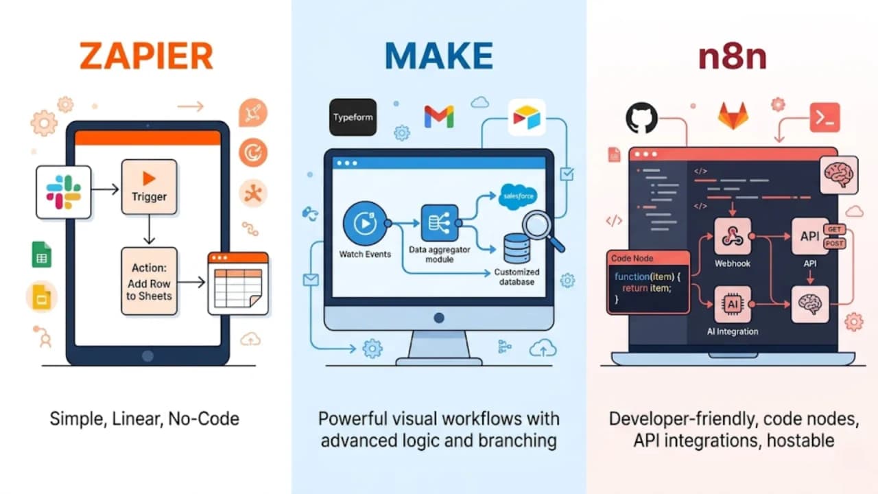 Zapier vs Make vs n8n comparison of workflow automation tools in 2026